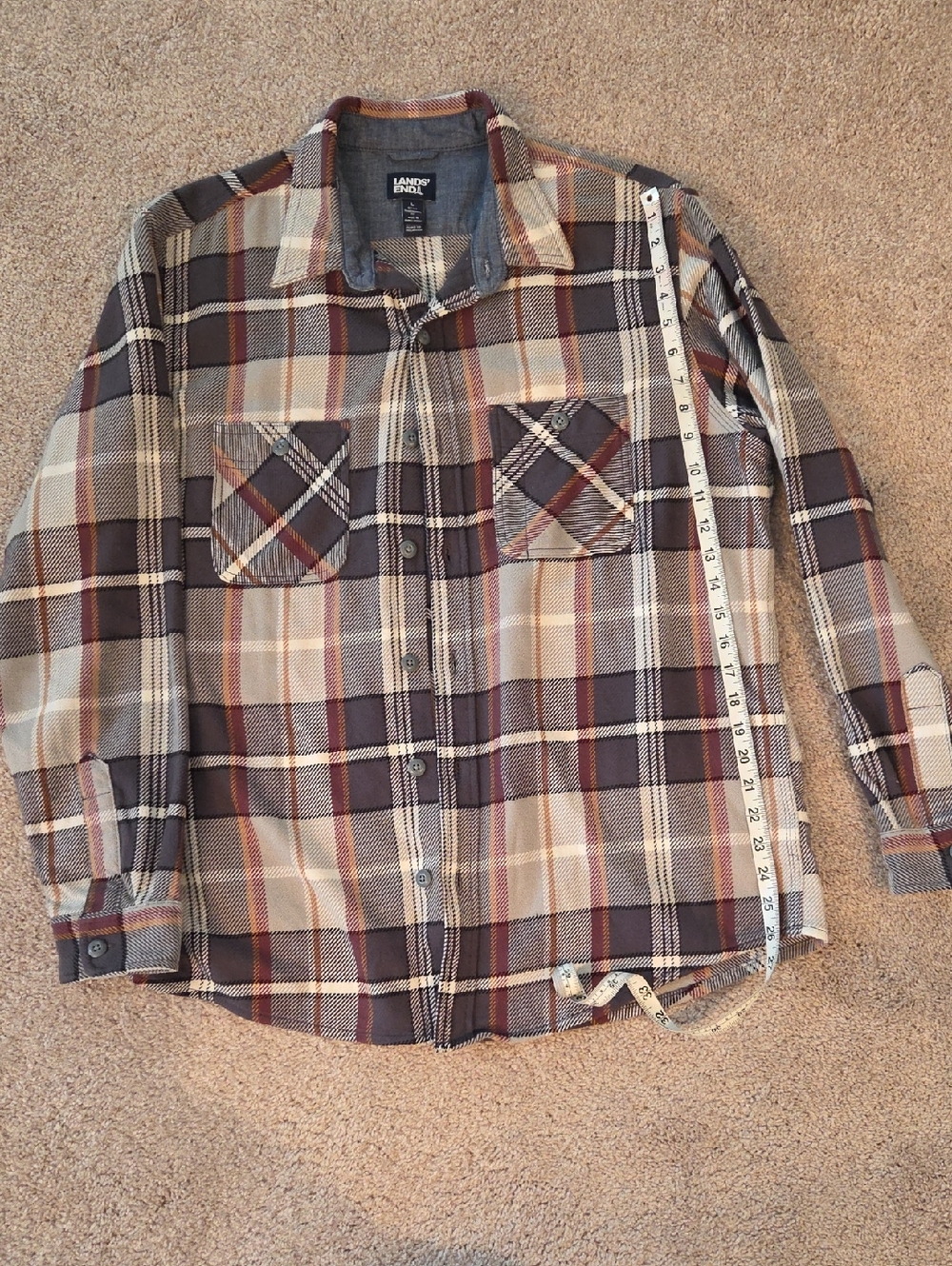 Lands' End Men's L Plaid Button-Down Shirt in Brown and Cream
